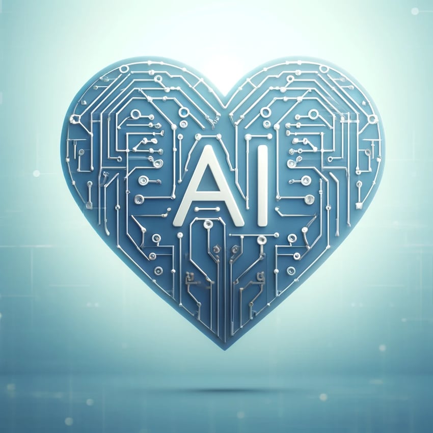 DALL·E 2024-04-15 11.33.50 - A simple and symbolic representation of AI in digital marketing, featuring a large heart symbol interwoven with digital circuit patterns, symbolizing 